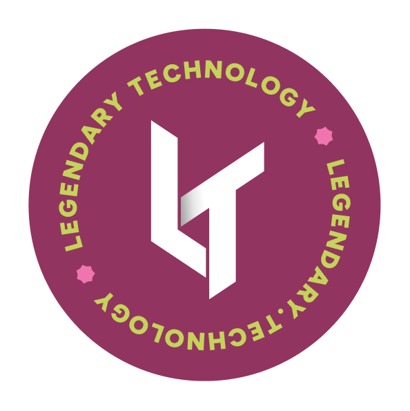 A circular badge with the letters LT in the center in white, and text that runs around the edge of the circle that reads 'Legendary Technology'.